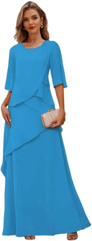 Chiffon Mother of The Bride Dresses for Women Tiered Wedding Party Dress with Sleeves Long Formal Gown