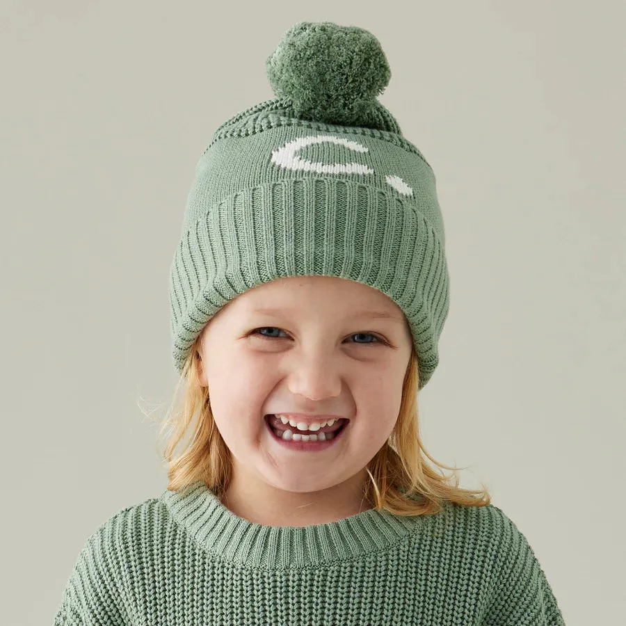 Chunky Knit Letter Beanie - Lily Pad; Letter: Ivory