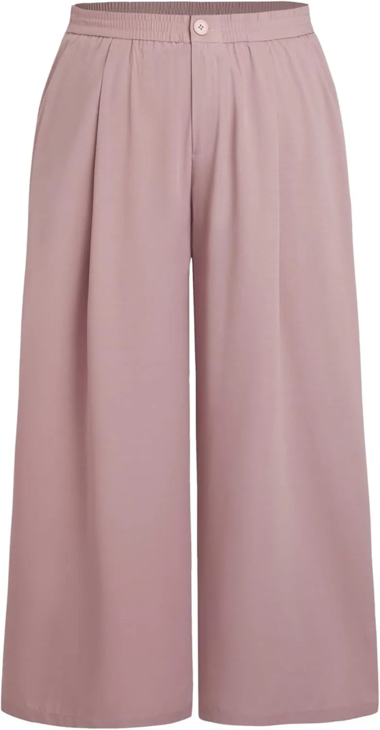 CIDER Solid High Waist Pleated Wide Leg Trousers Curve & Plus