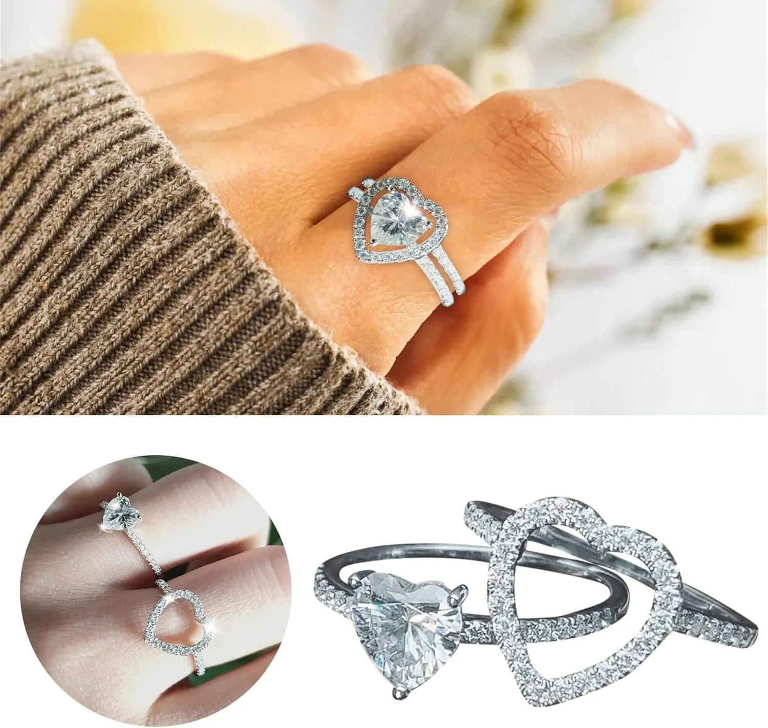 Classic 925 Silver Cubic Zirconia Heart Shape Solitaire CZ Engagement Ring For Women Promise Ring Couple Rings