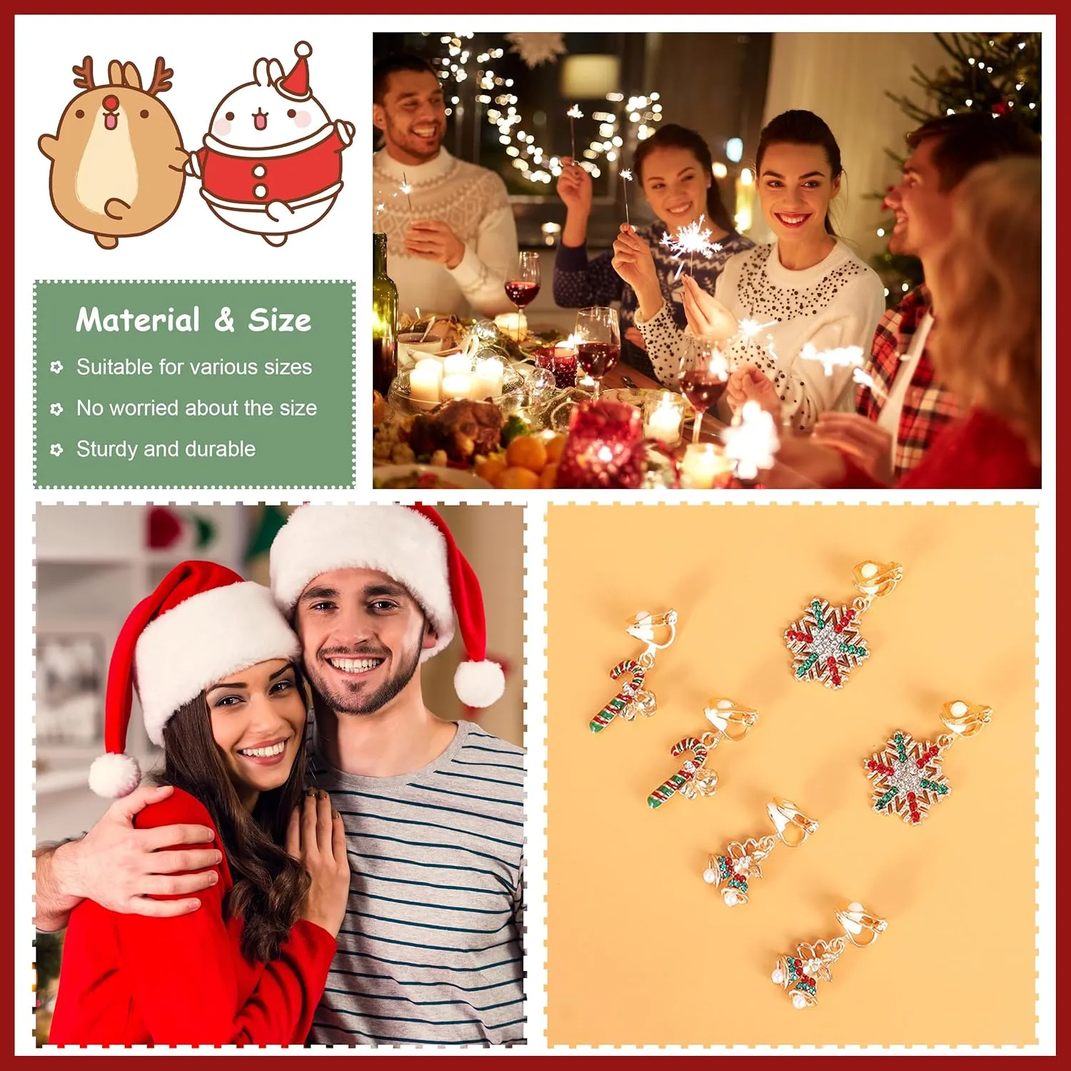 Clip-on Christmas Tree Earrings - Dangling Santa, Snowman, Candy Cane, Snowflake & Reindeer Designs - Perfect Christmas Gifts & Stocking Stuffers