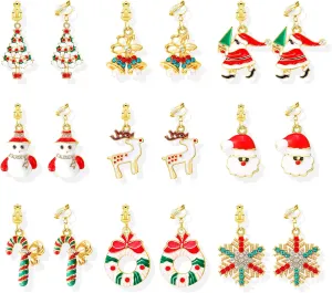 Clip-on Christmas Tree Earrings - Dangling Santa, Snowman, Candy Cane, Snowflake & Reindeer Designs - Perfect Christmas Gifts & Stocking Stuffers