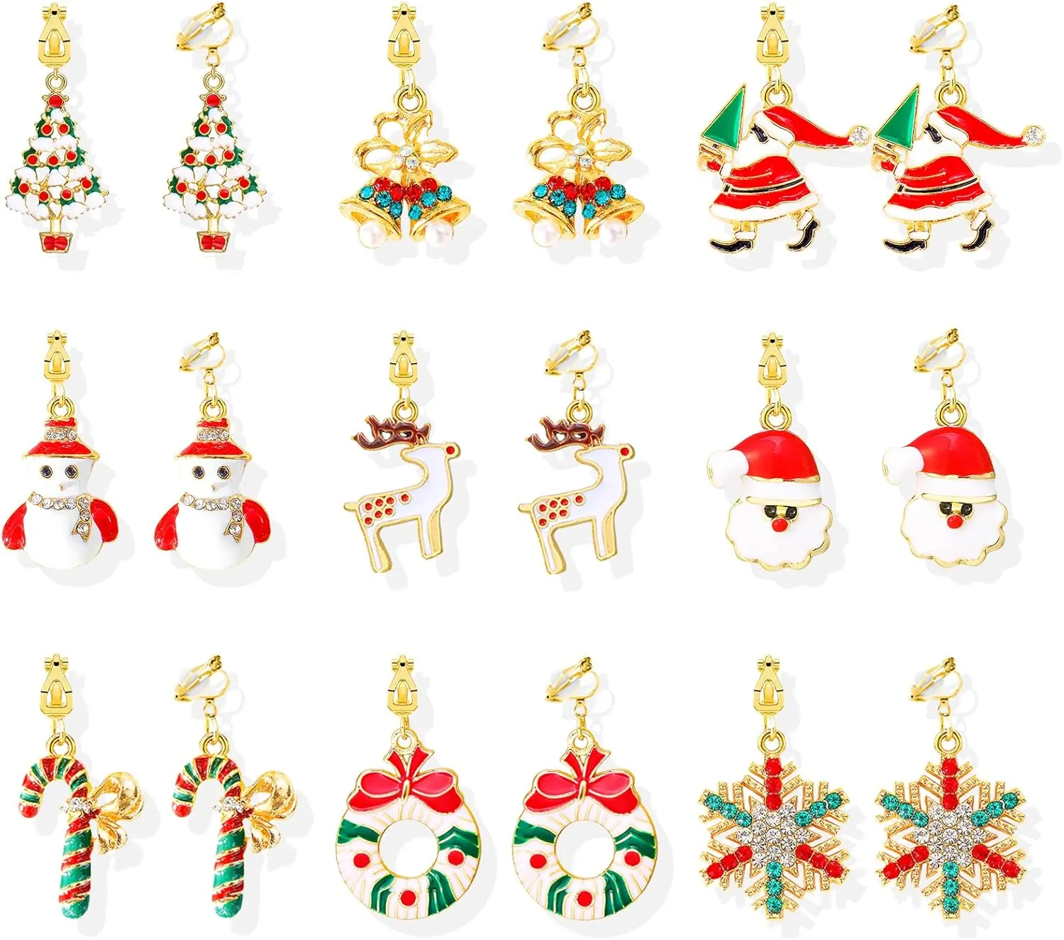 Clip-on Christmas Tree Earrings - Dangling Santa, Snowman, Candy Cane, Snowflake & Reindeer Designs - Perfect Christmas Gifts & Stocking Stuffers