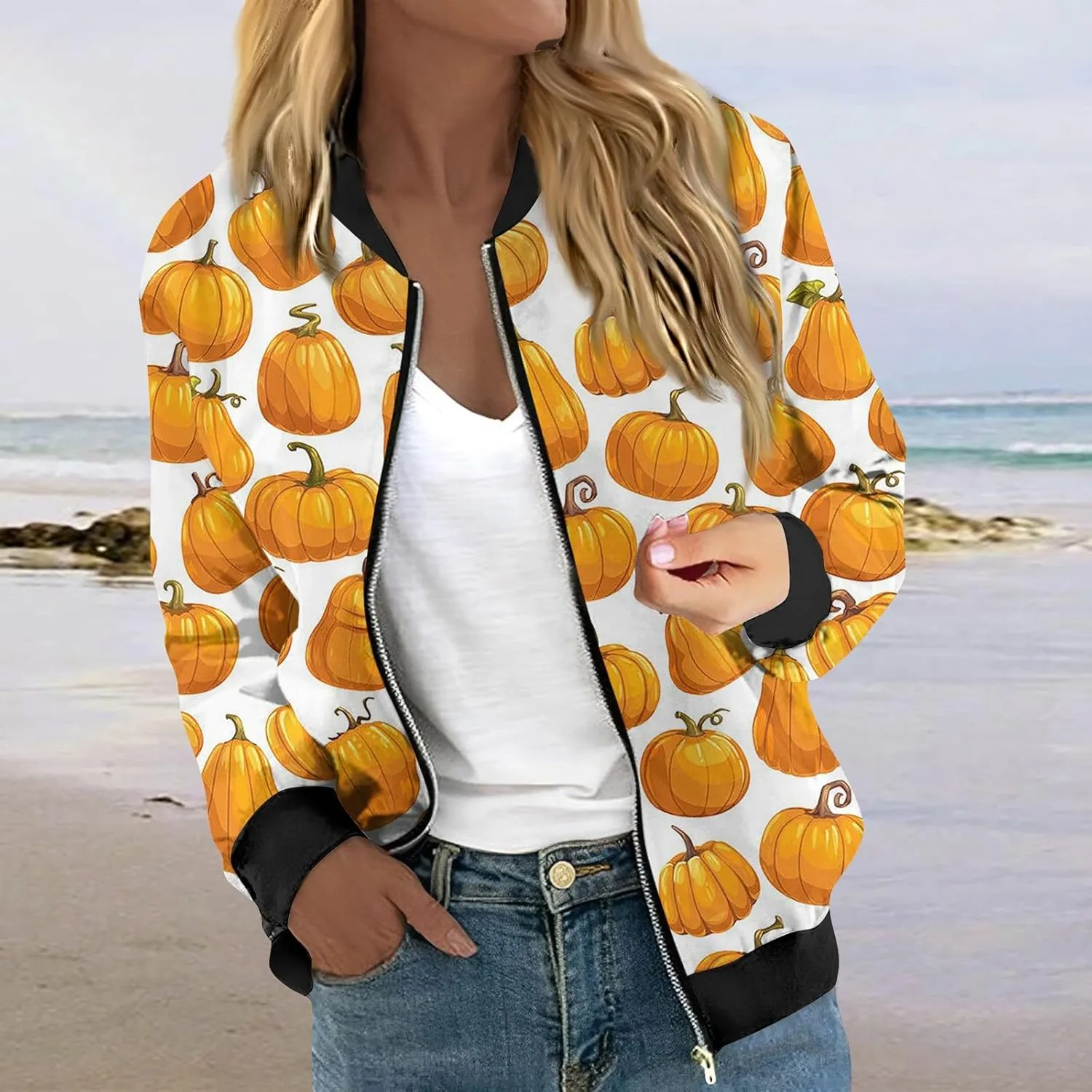 Coat Womens Zip Up Bomber Jackets Stand Collar 2024 Fall Winter Outerwear Casual Loose Long Sleeve Zipper Down Coats