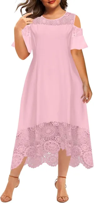 Cold Shoulder Dresses for Women Plus Size Floral Lace Hem Gowns Dress Short Sleeve Crewneck Cocktail Formal Dress