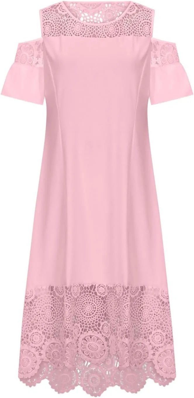 Cold Shoulder Dresses for Women Plus Size Floral Lace Hem Gowns Dress Short Sleeve Crewneck Cocktail Formal Dress