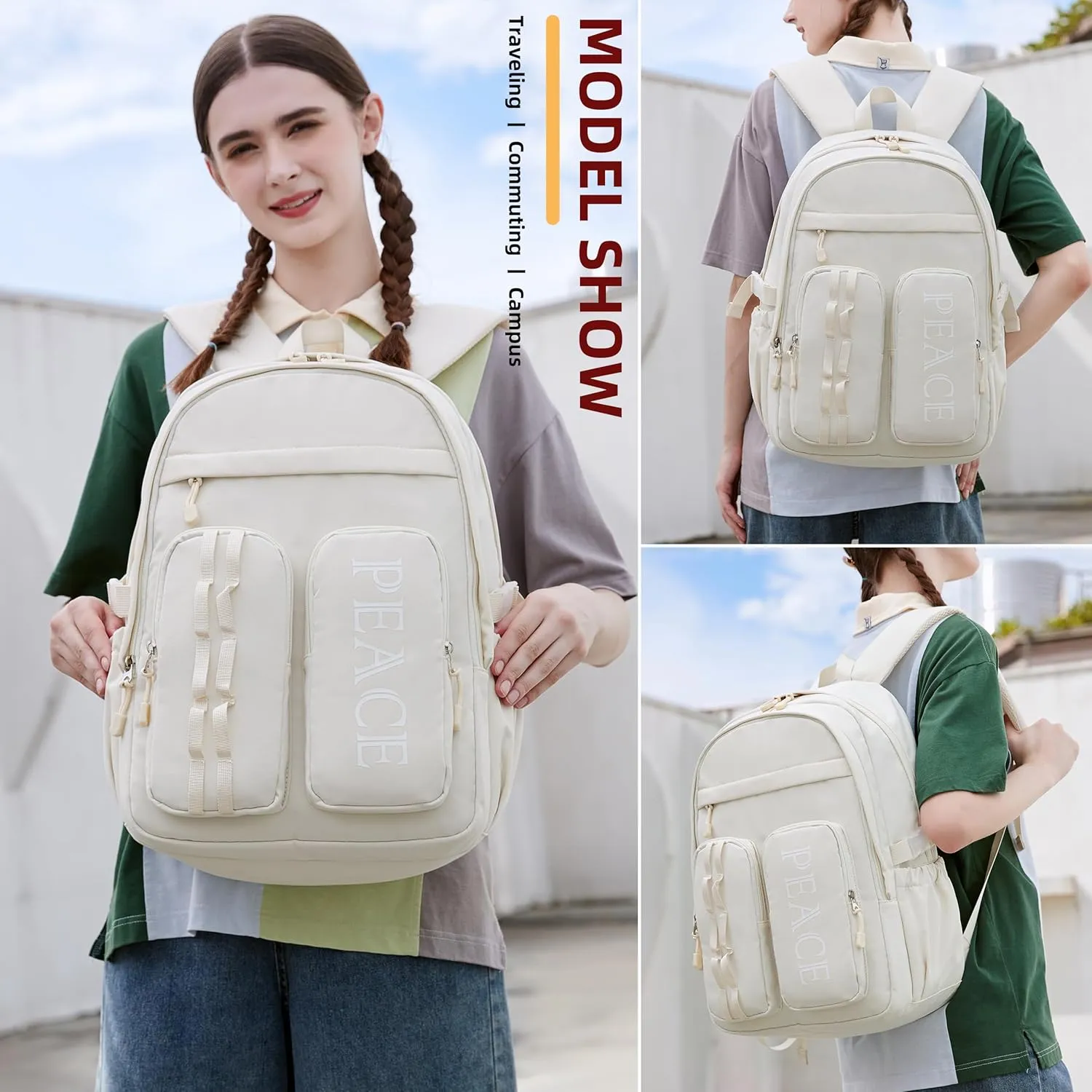 College Bookbag Laptop Backpacks 15.6 Inch Kids Elementary School Bag for Teens Girls Boys Water Resistant Sport Travel Back Pack Women Men Work Business Computer Rucksack Off White