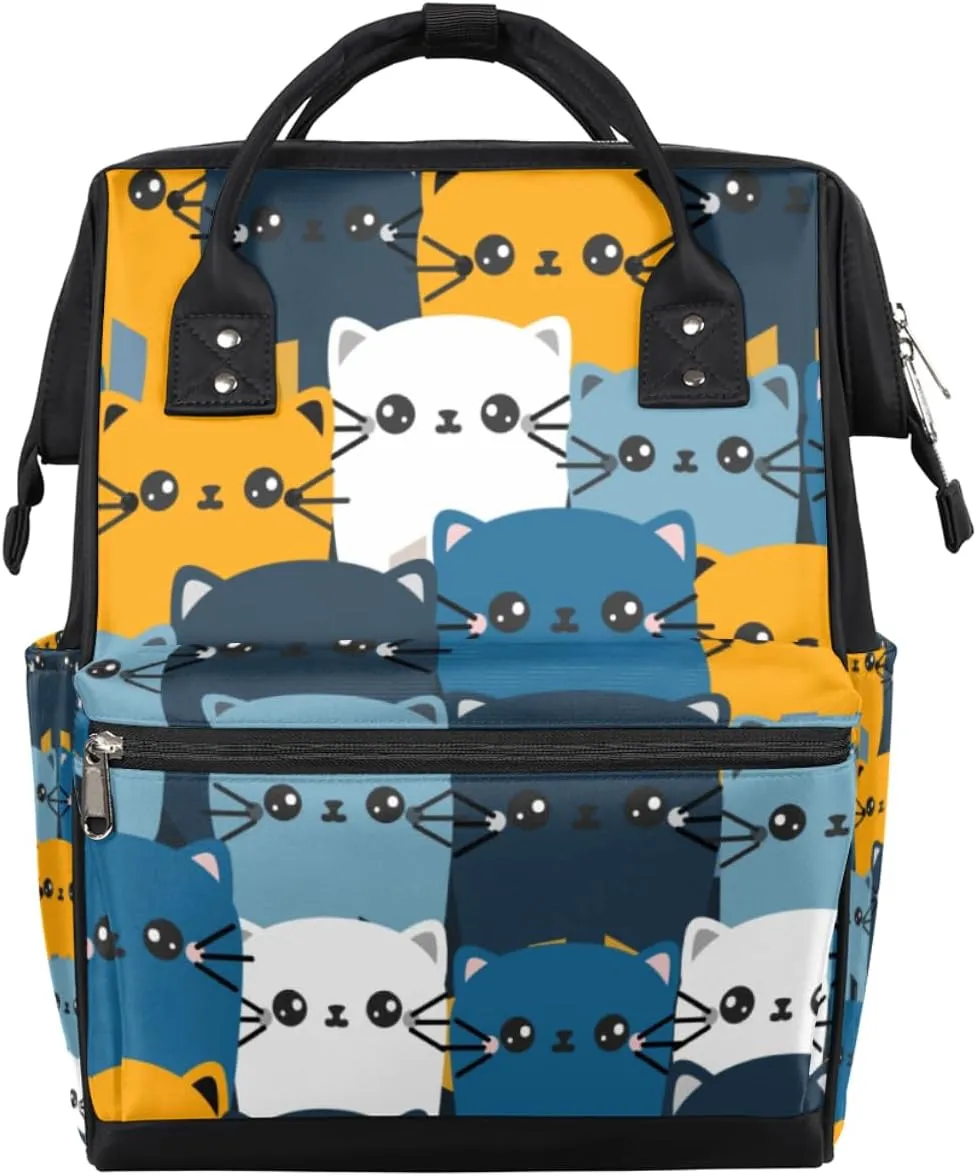Colorful Hand Drawn Cats Creative Blue Yellow Diaper Bag Tote Large Capacity Waterproof with Adjustable Shoulder Strap and Pram Straps Mommy Bag for Hospital Beach Weekender Travel