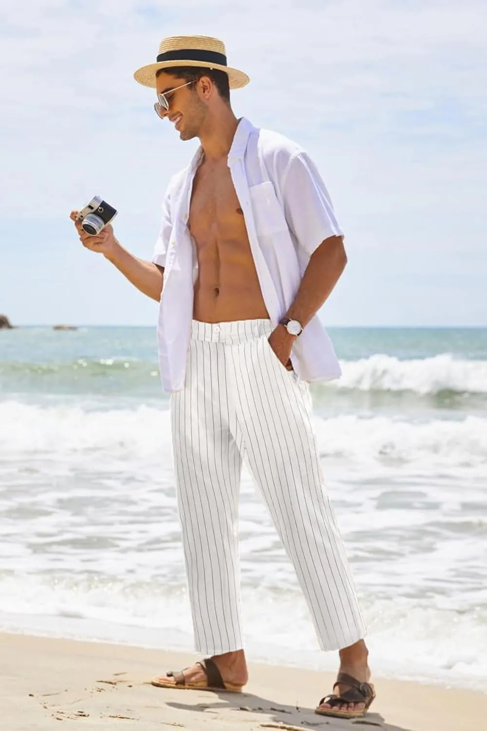 COOFANDY Men's Cotton Linen Pants Elastic Waist Lightweight Casual Pants Relaxed Fit Yoga Beach Pants with Pockets