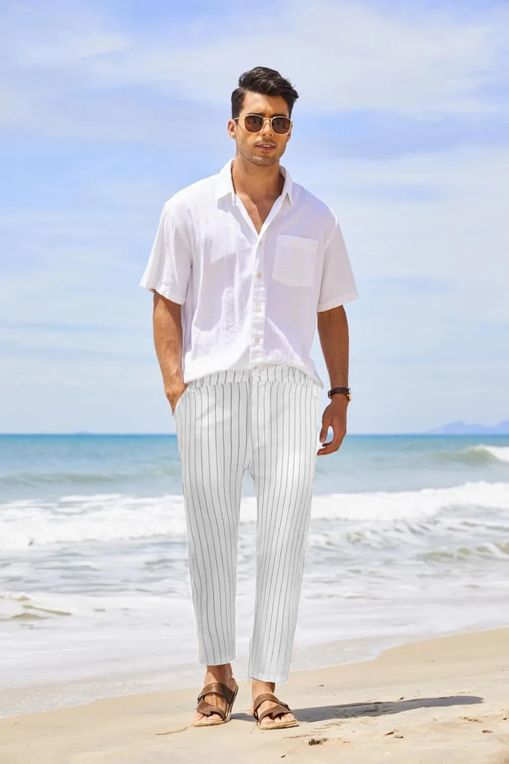 COOFANDY Men's Cotton Linen Pants Elastic Waist Lightweight Casual Pants Relaxed Fit Yoga Beach Pants with Pockets