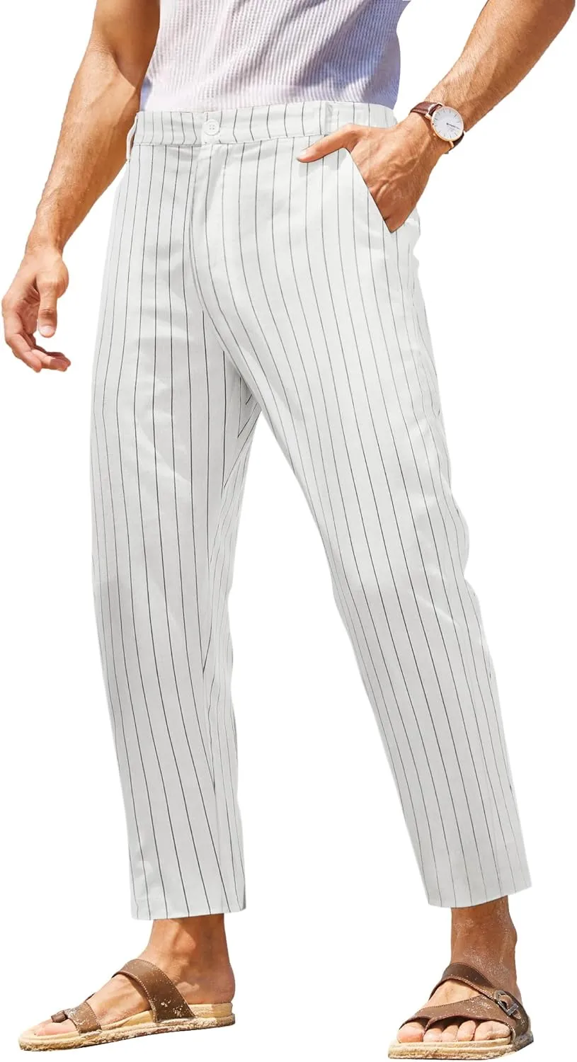 COOFANDY Men's Cotton Linen Pants Elastic Waist Lightweight Casual Pants Relaxed Fit Yoga Beach Pants with Pockets