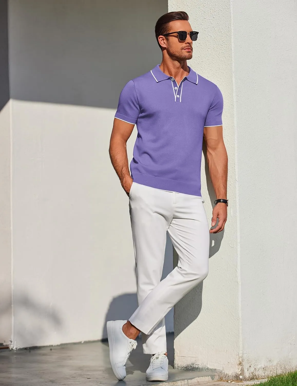 COOFANDY Mens Knit Polo Shirts Short Sleeve Vintage Stretch Polo T Shirts Casual Summer Golf Shirts
