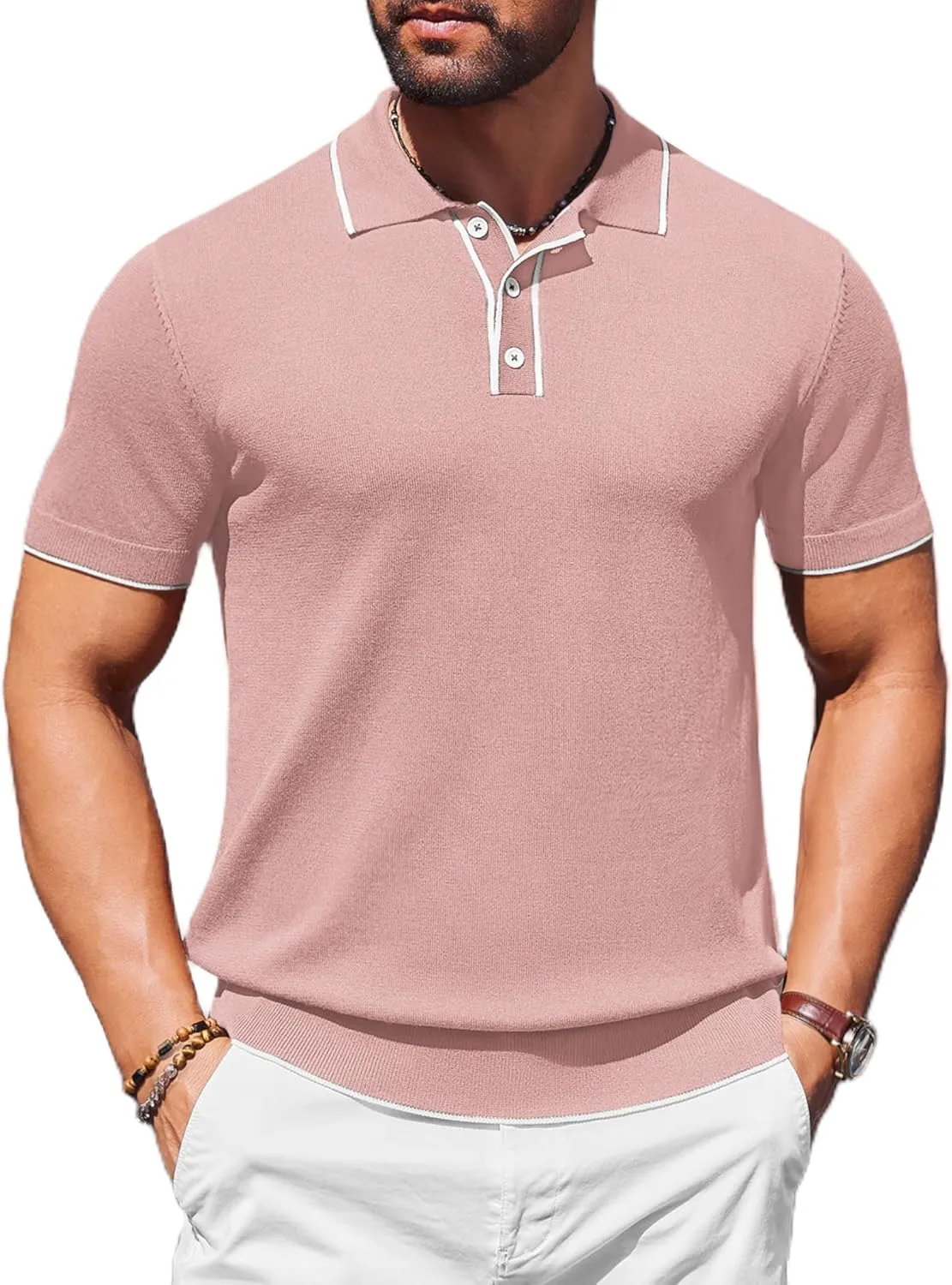 COOFANDY Mens Knit Polo Shirts Short Sleeve Vintage Stretch Polo T Shirts Casual Summer Golf Shirts
