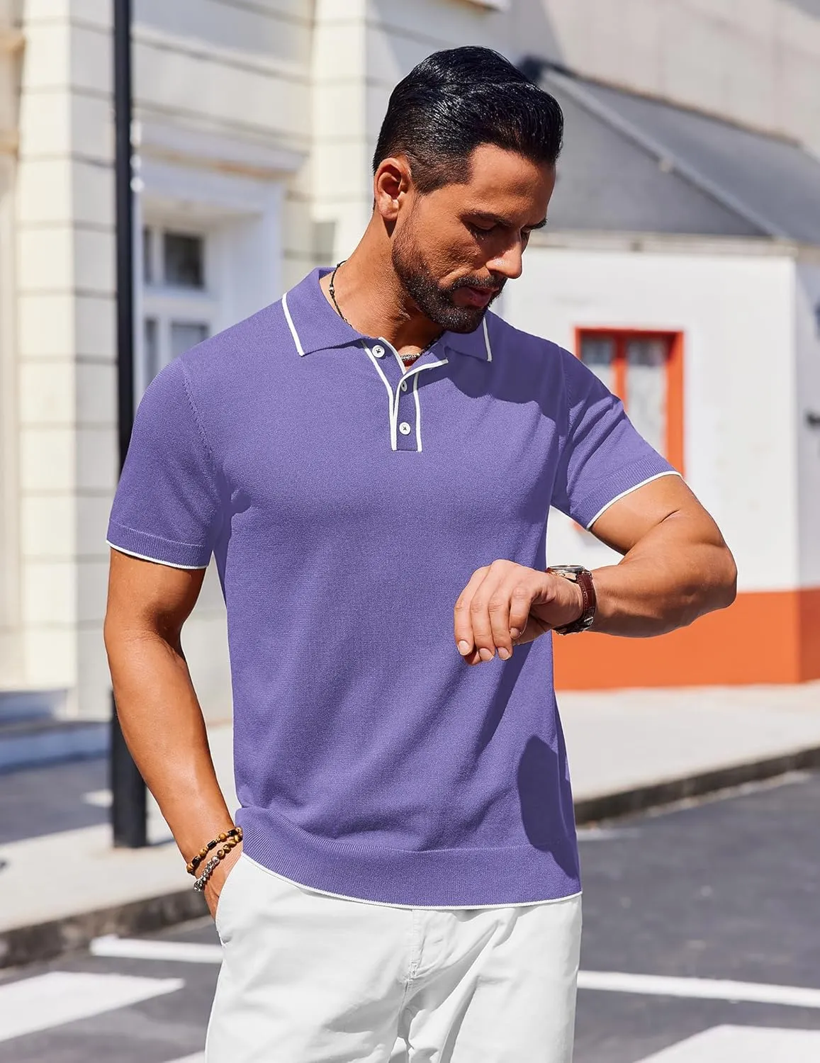 COOFANDY Mens Knit Polo Shirts Short Sleeve Vintage Stretch Polo T Shirts Casual Summer Golf Shirts