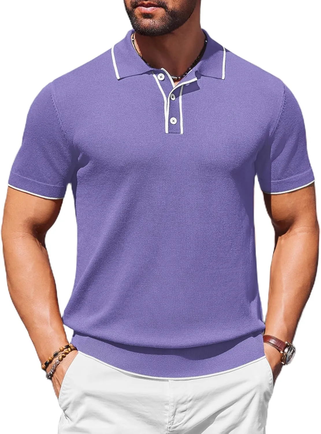 COOFANDY Mens Knit Polo Shirts Short Sleeve Vintage Stretch Polo T Shirts Casual Summer Golf Shirts