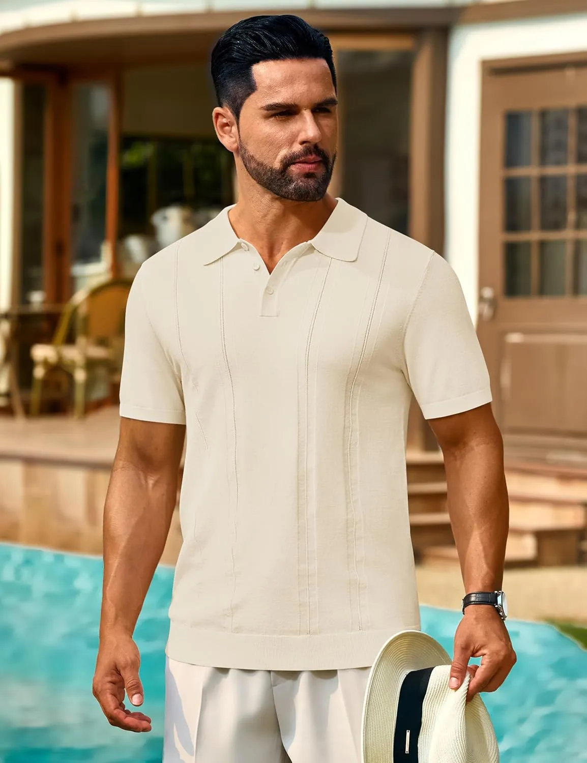Cotrasen Men's Knit Polo Shirts Short Sleeve Collared T Shirts Slim Fit Casual Golf Polo Shirts