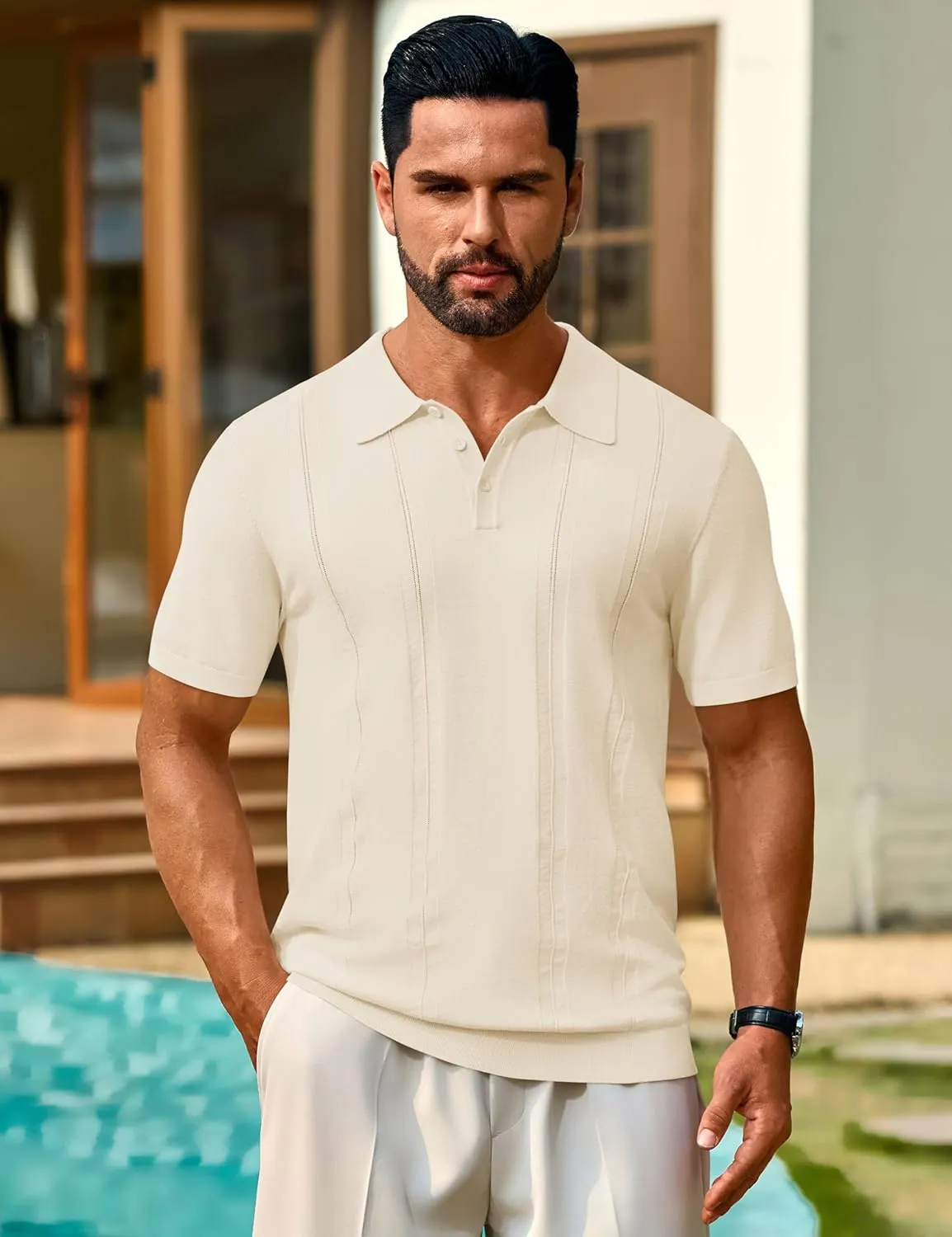 Cotrasen Men's Knit Polo Shirts Short Sleeve Collared T Shirts Slim Fit Casual Golf Polo Shirts