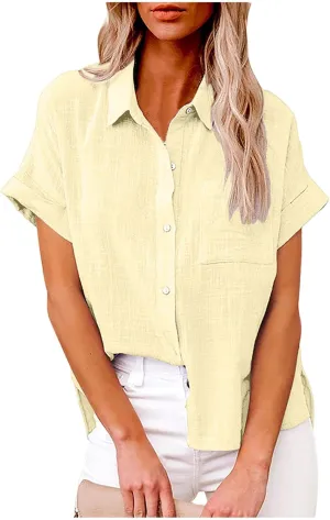 Cotton Linen Button Down Shirts for Women V Neck Collared Blouse Short Sleeve Business Work Tops Summer Gauze Shirt