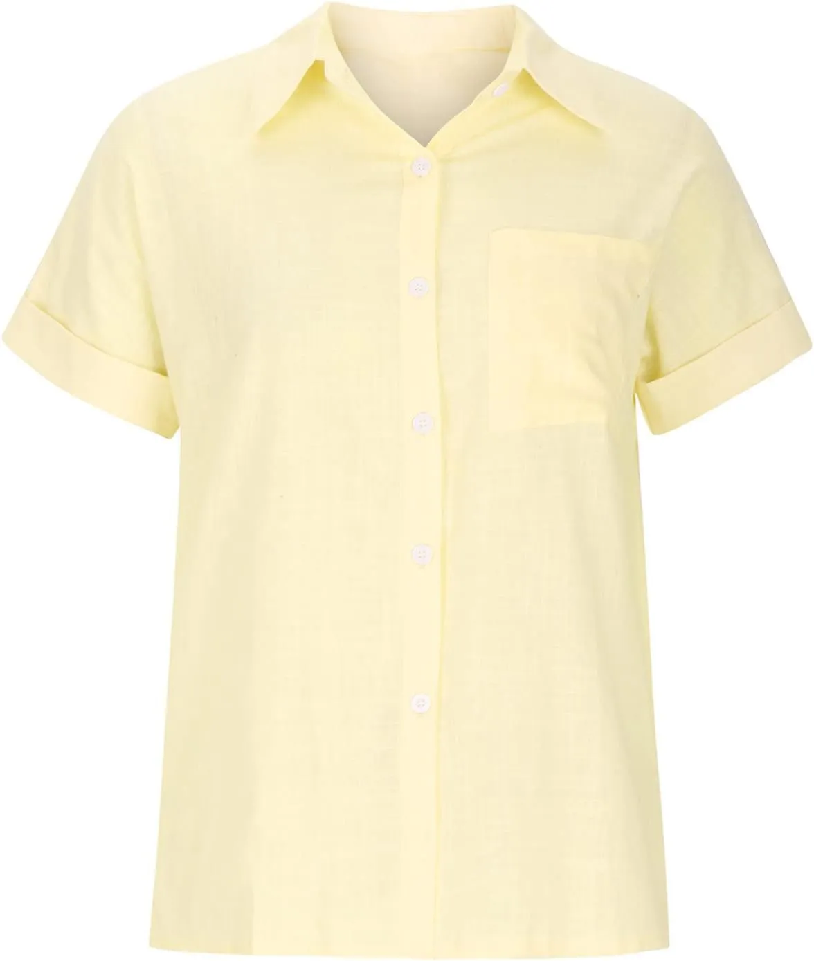 Cotton Linen Button Down Shirts for Women V Neck Collared Blouse Short Sleeve Business Work Tops Summer Gauze Shirt