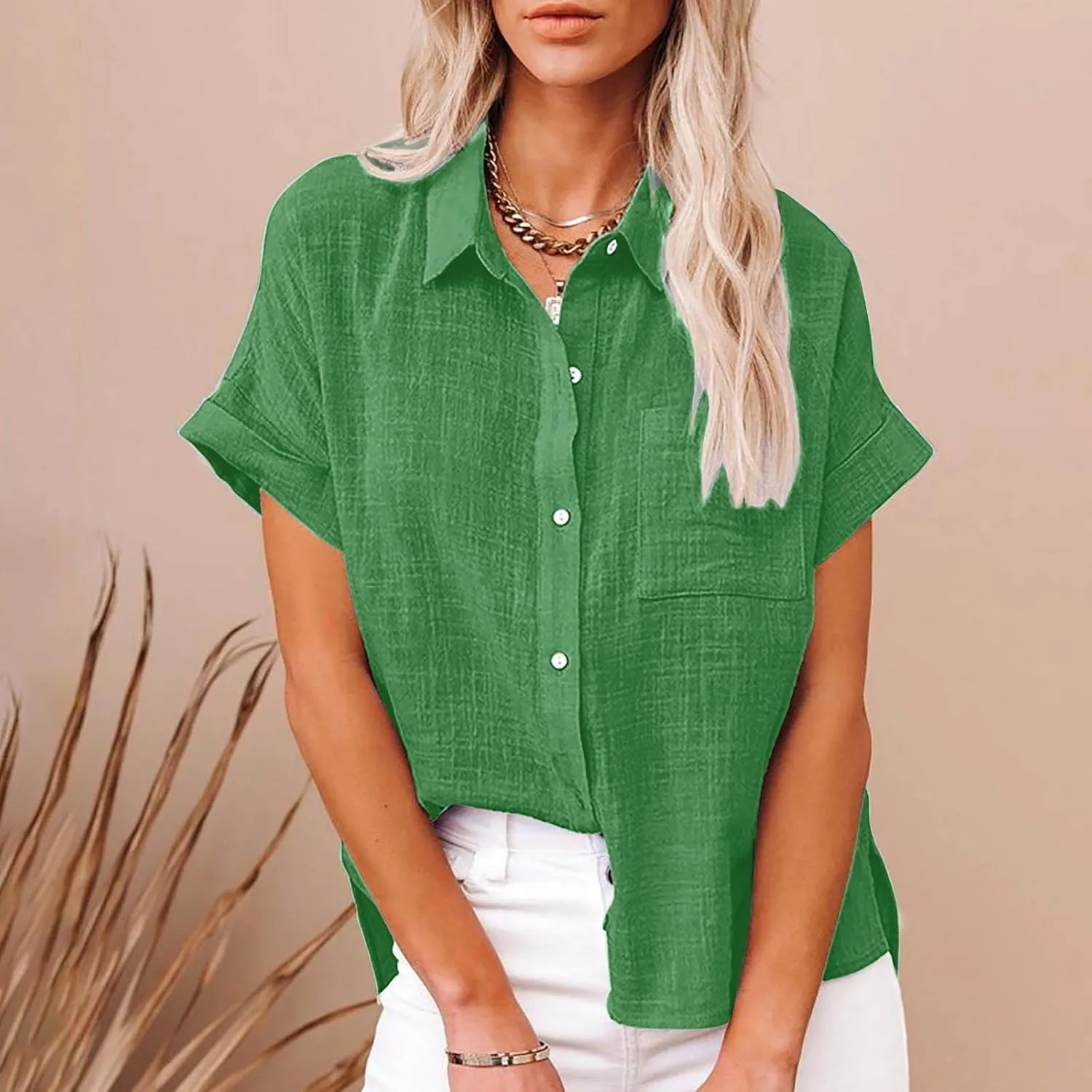 Cotton Linen Button Down Shirts for Women V Neck Collared Blouse Short Sleeve Business Work Tops Summer Gauze Shirt