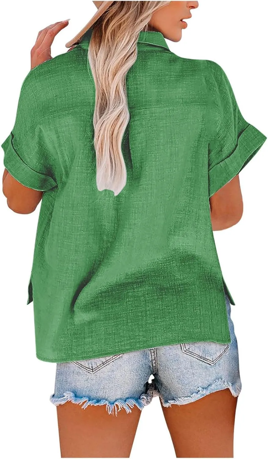 Cotton Linen Button Down Shirts for Women V Neck Collared Blouse Short Sleeve Business Work Tops Summer Gauze Shirt