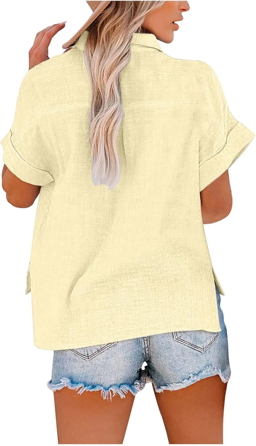 Cotton Linen Button Down Shirts for Women V Neck Collared Blouse Short Sleeve Business Work Tops Summer Gauze Shirt