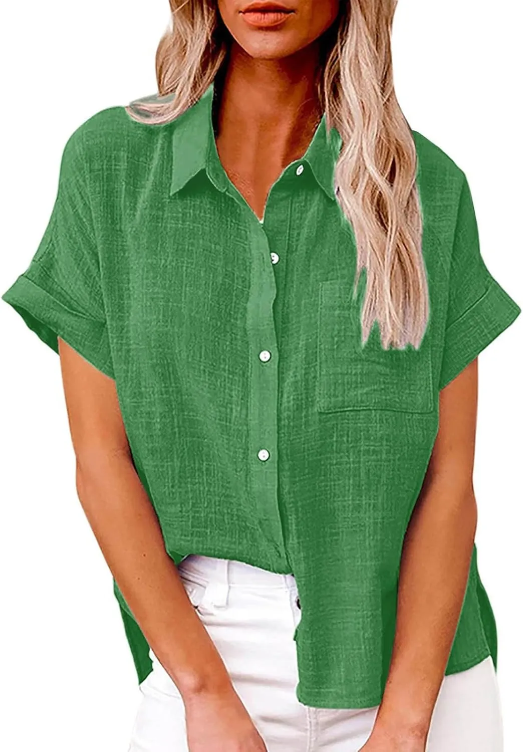Cotton Linen Button Down Shirts for Women V Neck Collared Blouse Short Sleeve Business Work Tops Summer Gauze Shirt