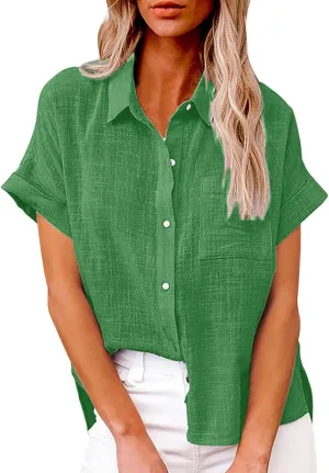 Cotton Linen Button Down Shirts for Women V Neck Collared Blouse Short Sleeve Business Work Tops Summer Gauze Shirt