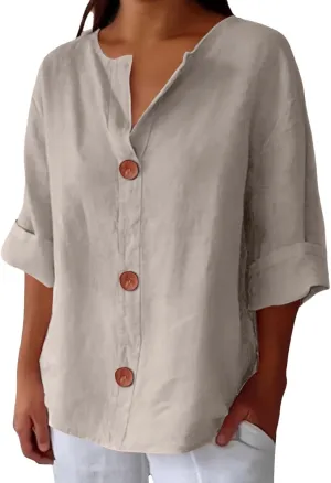 Cotton Linen Shirts for Women 2025 Summer V Neck 3/4 Sleeve Casual Button Down Blouses Vacation Beach Tunic Tops