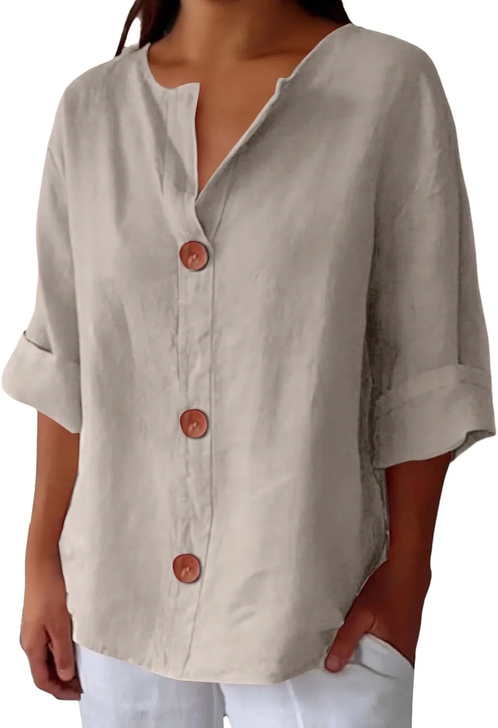 Cotton Linen Shirts for Women 2025 Summer V Neck 3/4 Sleeve Casual Button Down Blouses Vacation Beach Tunic Tops