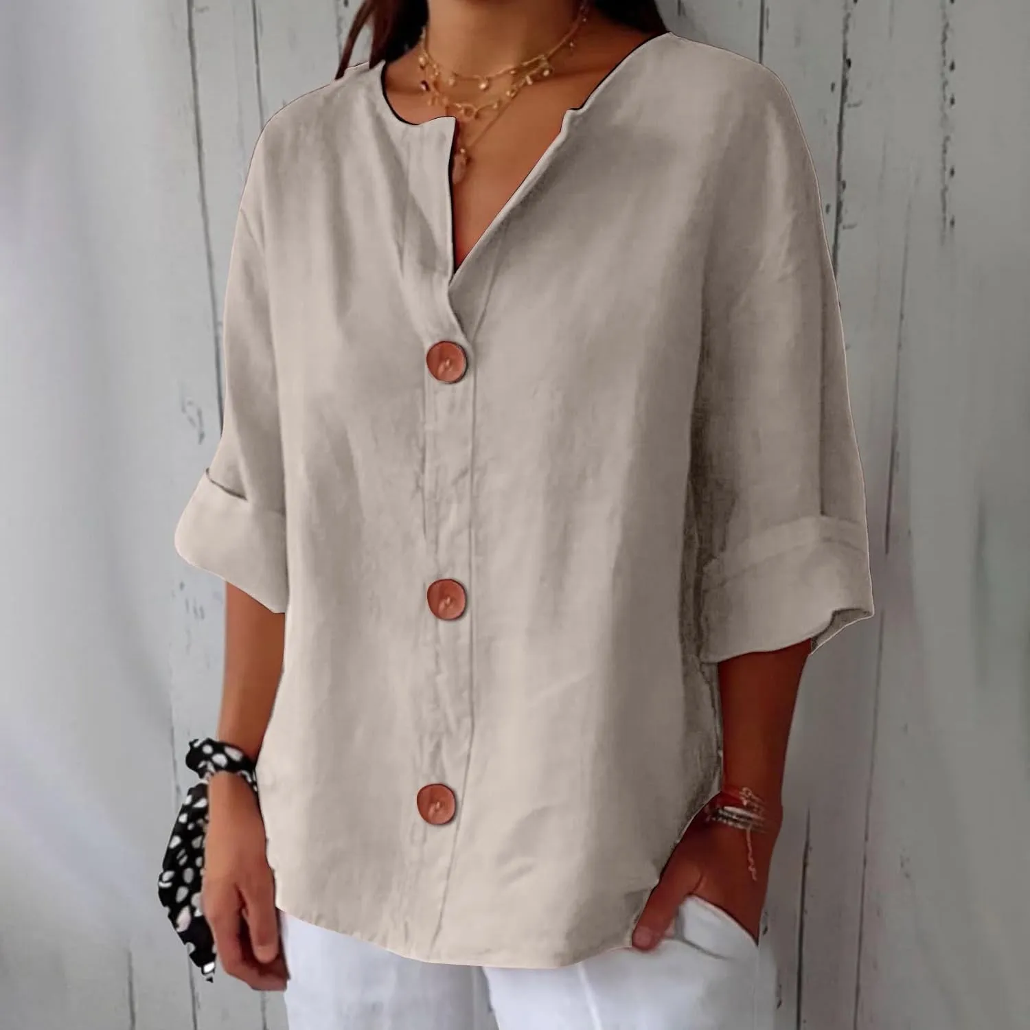 Cotton Linen Shirts for Women 2025 Summer V Neck 3/4 Sleeve Casual Button Down Blouses Vacation Beach Tunic Tops