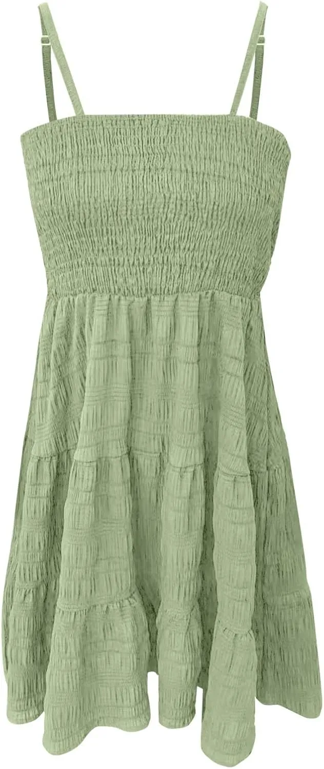 CRNTCEM Women's 2024 Summer Swing Mini Dress Smocked Backless Flowy A Line Sundress Sleeveless Party Swing Mini Dress