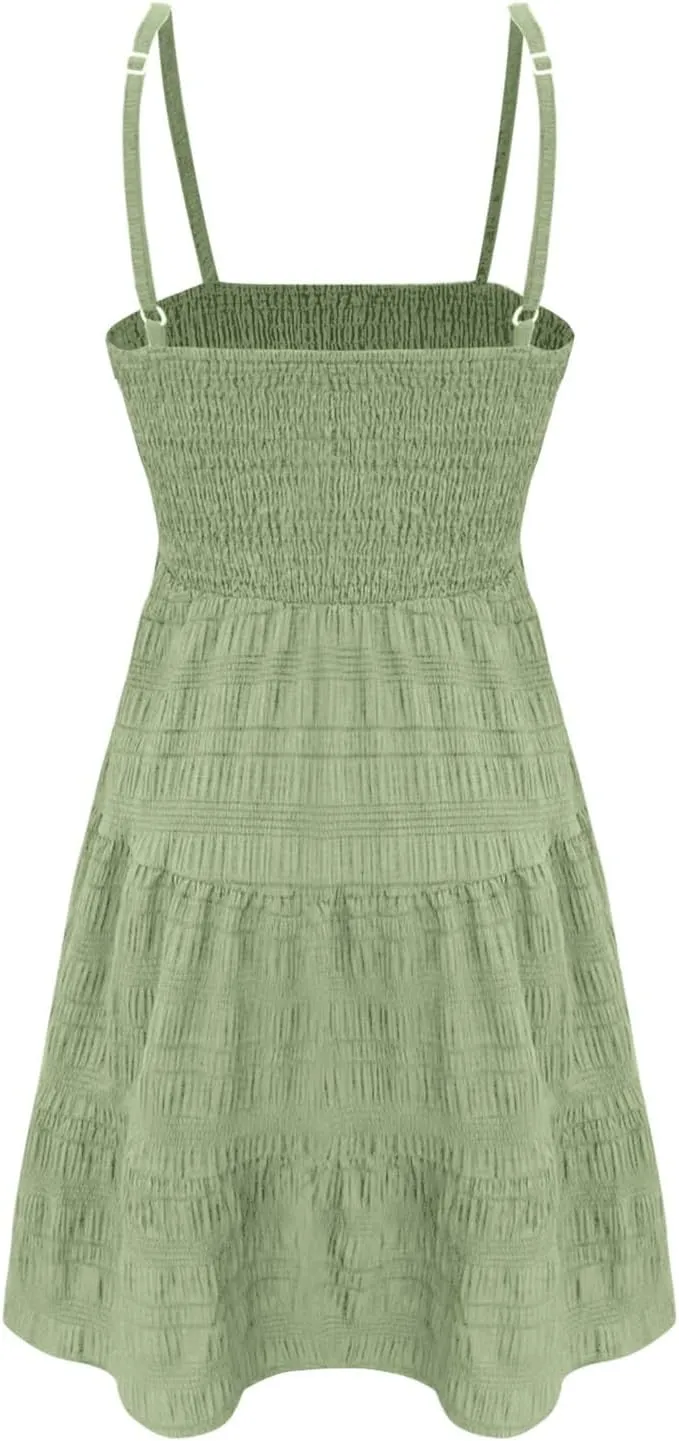 CRNTCEM Women's 2024 Summer Swing Mini Dress Smocked Backless Flowy A Line Sundress Sleeveless Party Swing Mini Dress