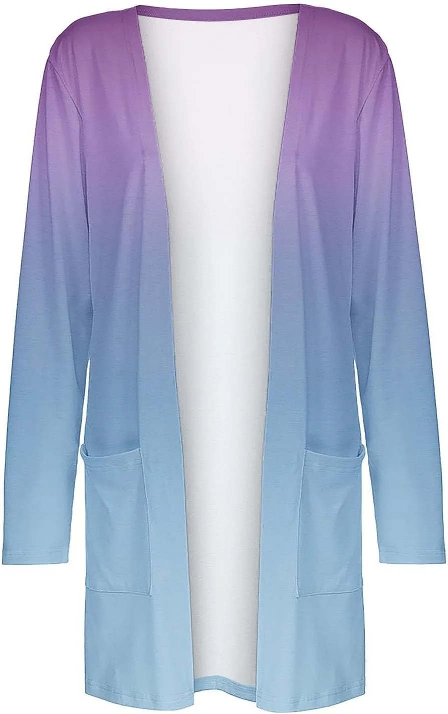 Cropped Cardigan for Women 2024 Loose Open Front Winter Coats Gradient Long Sleeve Cardigans with Pockets