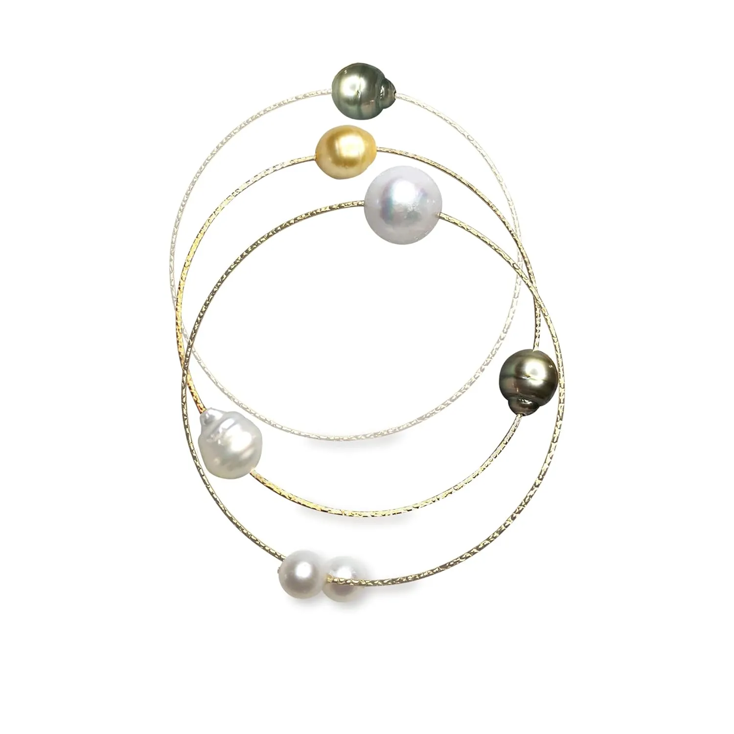Cultured South Sea Pearls Bangle, Multi Colored South Sea Pearls In 14KT Gold Filled Bangle, Large Kasumi Pearls & Gold Stackable Bracelet
