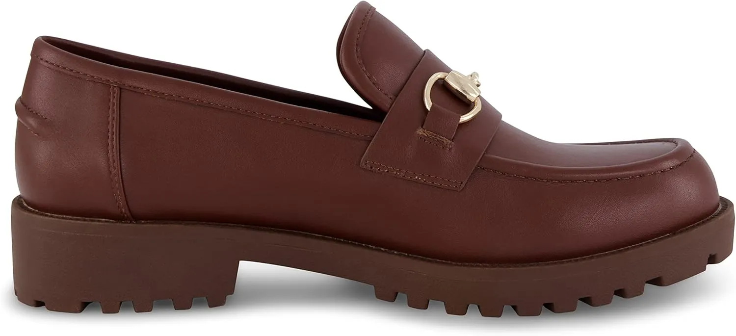 CUSHIONAIRE Romeo Chunky Lug Sole Womens Loafers with Gold Chain Accent, Platform Shoes for Women, Brown 9
