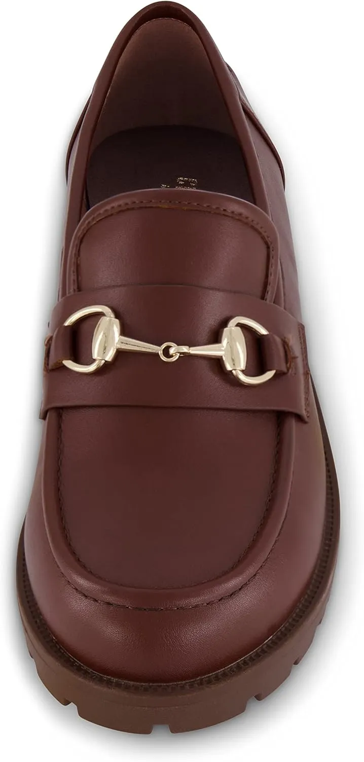 CUSHIONAIRE Romeo Chunky Lug Sole Womens Loafers with Gold Chain Accent, Platform Shoes for Women, Brown 9
