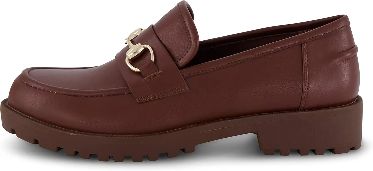 CUSHIONAIRE Romeo Chunky Lug Sole Womens Loafers with Gold Chain Accent, Platform Shoes for Women, Brown 9