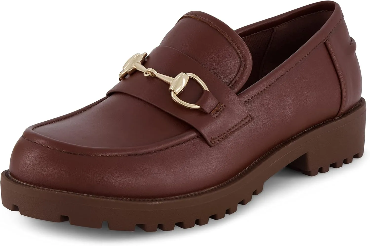 CUSHIONAIRE Romeo Chunky Lug Sole Womens Loafers with Gold Chain Accent, Platform Shoes for Women, Brown 9