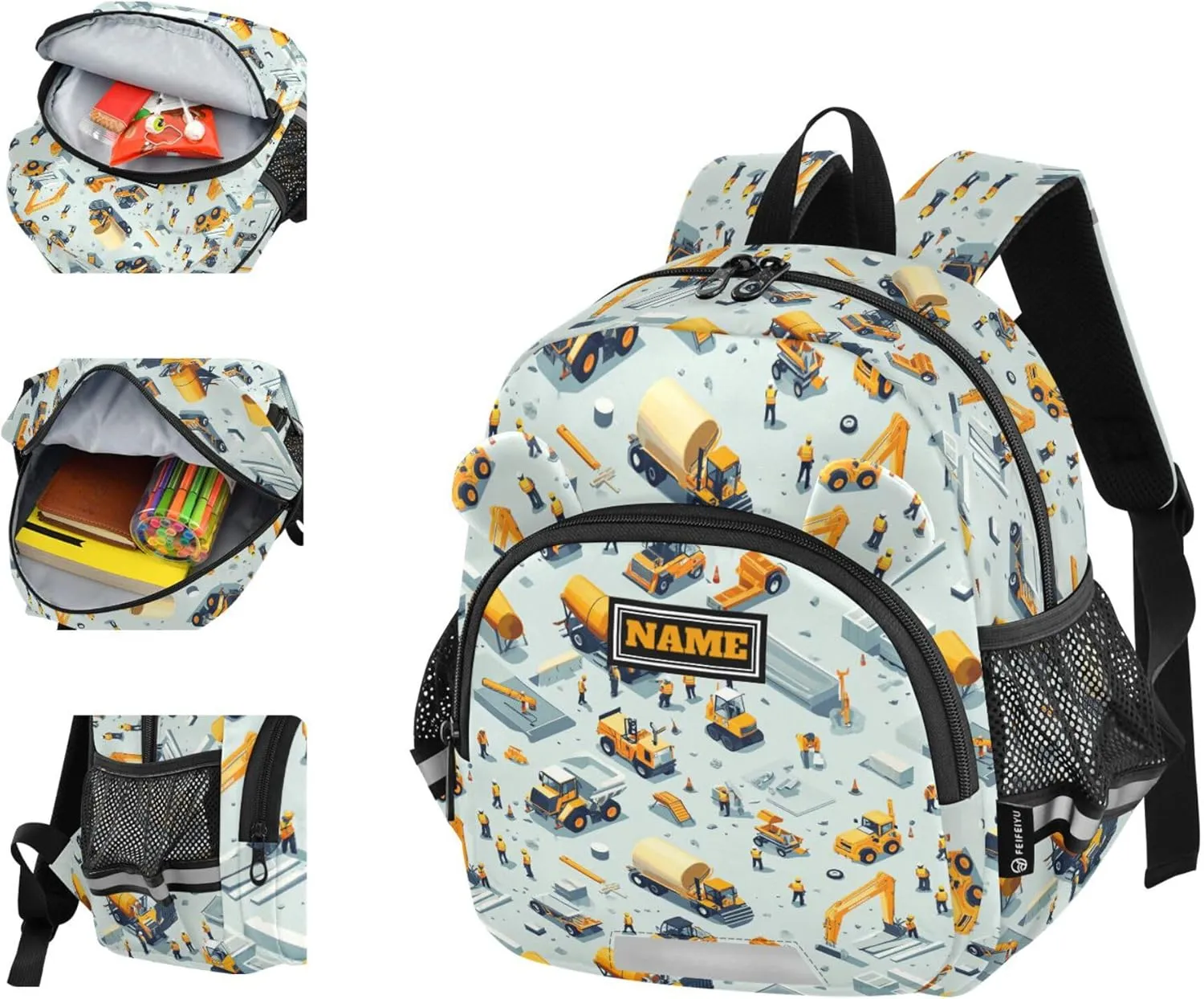 Custom Cute Ears Cute Kid Backpack Leash Little Girls Anti-Lost Personalized Toddler Toy Bag with Reflective Strip M Construction Scene Build A House Grader Concrete Mixer Truck