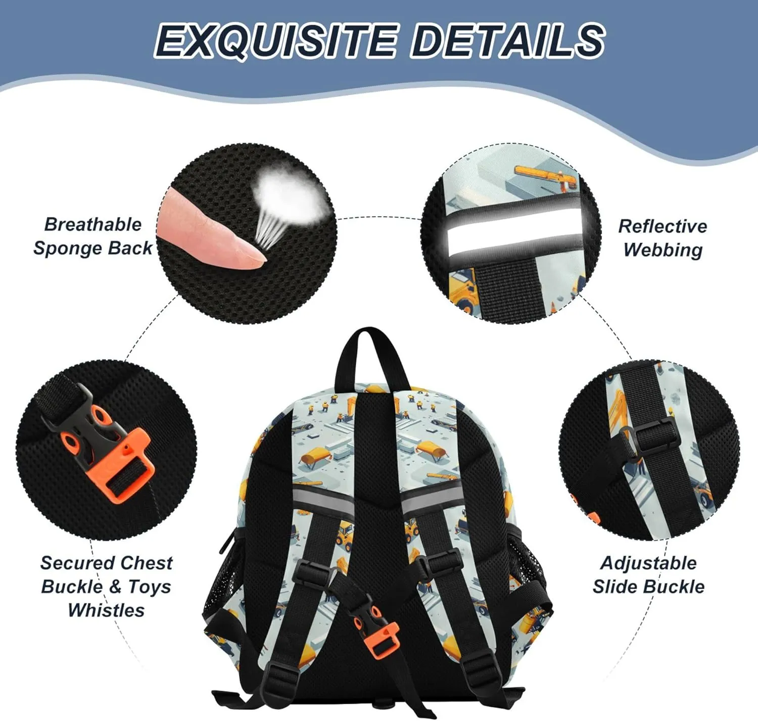 Custom Cute Ears Cute Kid Backpack Leash Little Girls Anti-Lost Personalized Toddler Toy Bag with Reflective Strip M Construction Scene Build A House Grader Concrete Mixer Truck