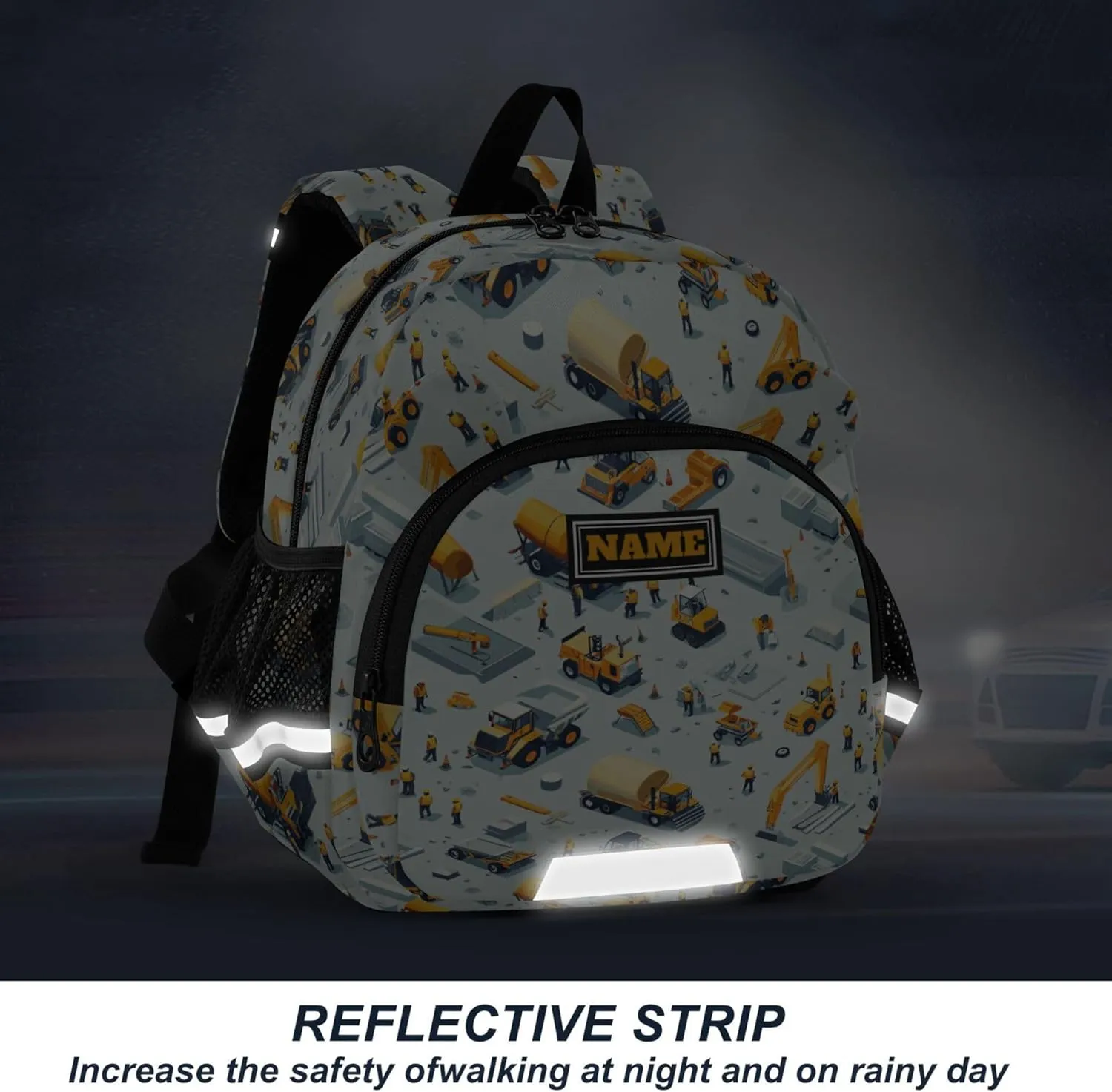 Custom Cute Ears Cute Kid Backpack Leash Little Girls Anti-Lost Personalized Toddler Toy Bag with Reflective Strip M Construction Scene Build A House Grader Concrete Mixer Truck