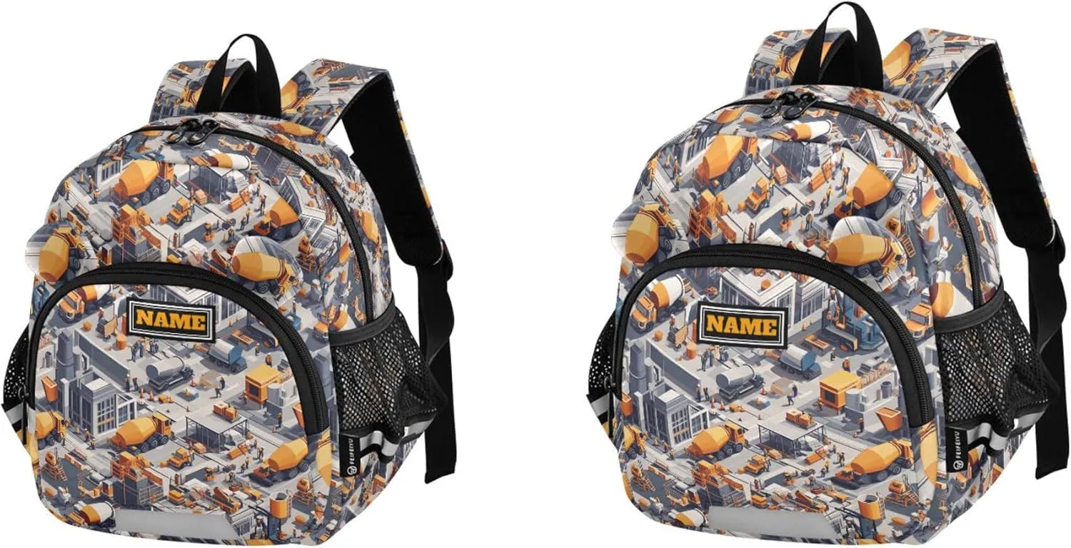 Custom Cute Ears Cute Small Backpacks Leash Kids Boy's/Girl's Anti-Lost Personalized Backpack with Reflective Strip M Construction Scene Build A House Concrete Mixer Truck Mining Car
