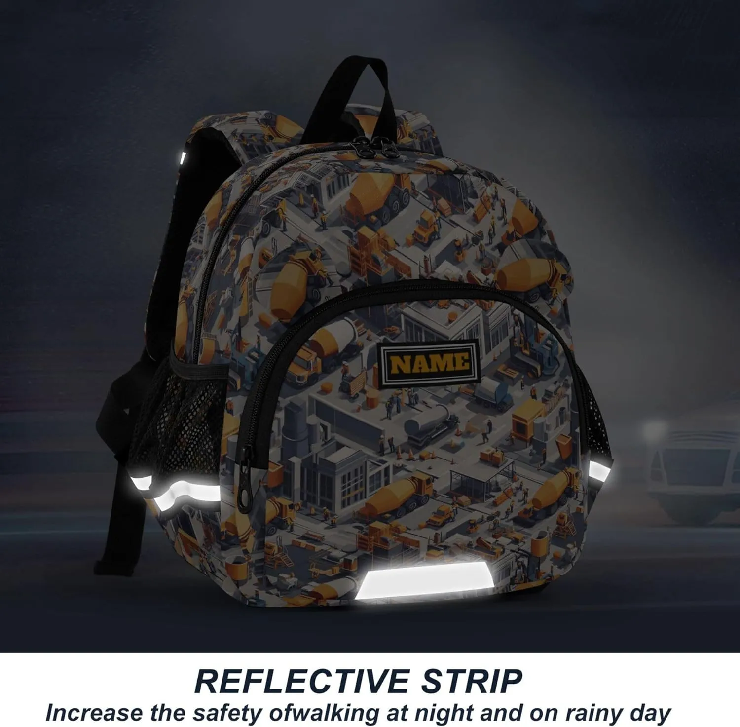 Custom Cute Ears Cute Small Backpacks Leash Kids Boy's/Girl's Anti-Lost Personalized Backpack with Reflective Strip M Construction Scene Build A House Concrete Mixer Truck Mining Car