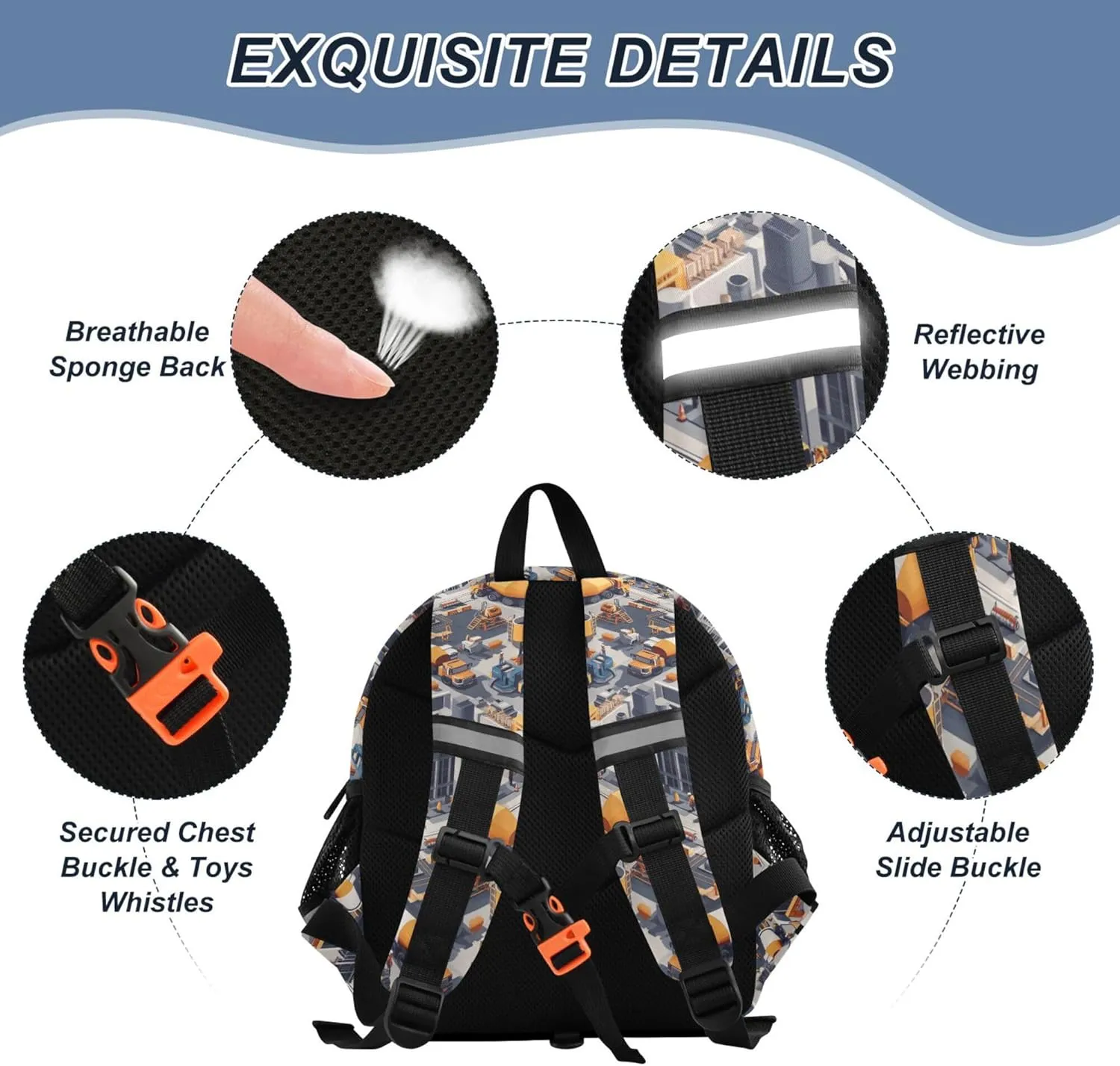 Custom Cute Ears Cute Small Backpacks Leash Kids Boy's/Girl's Anti-Lost Personalized Backpack with Reflective Strip M Construction Scene Build A House Concrete Mixer Truck Mining Car