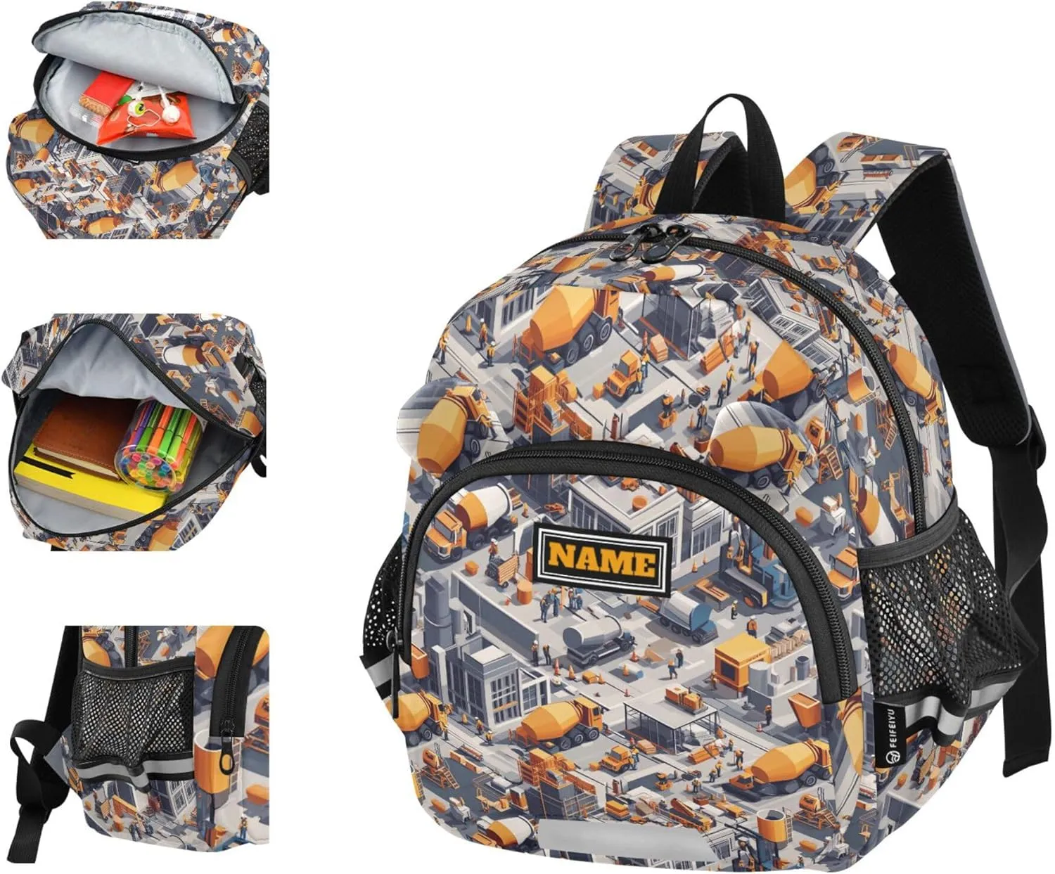 Custom Cute Ears Cute Small Backpacks Leash Kids Boy's/Girl's Anti-Lost Personalized Backpack with Reflective Strip M Construction Scene Build A House Concrete Mixer Truck Mining Car