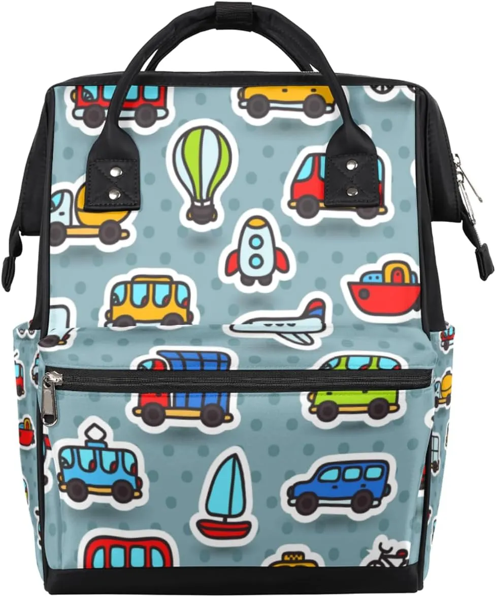 Cute Cartoon Transport Airplane Tram Bus Diaper Bag Tote Large Capacity Waterproof with Adjustable Shoulder Strap and Pram Straps Mommy Bag for Hospital Beach Weekender Travel