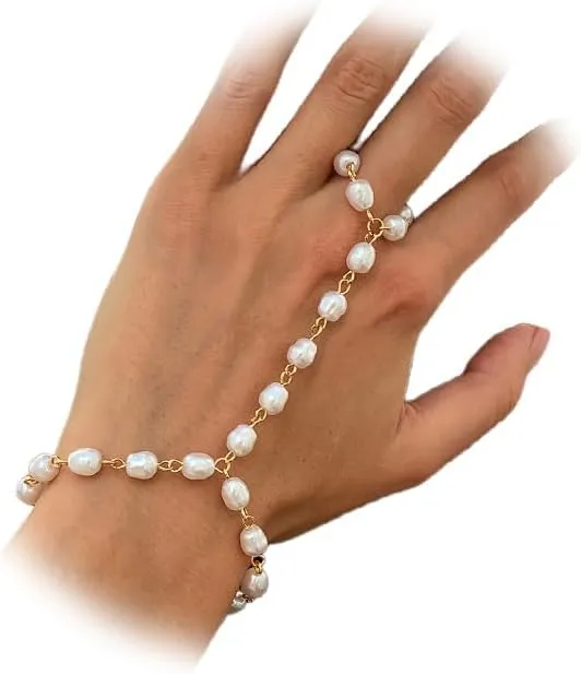 Dainty Beaded Pearl Hand Chain Bracelet for Women Trendy, Charming Boho Gold Finger Ring Wrist Baroque Pearls Bracelets Cute Party Hand Jewelry Gifts