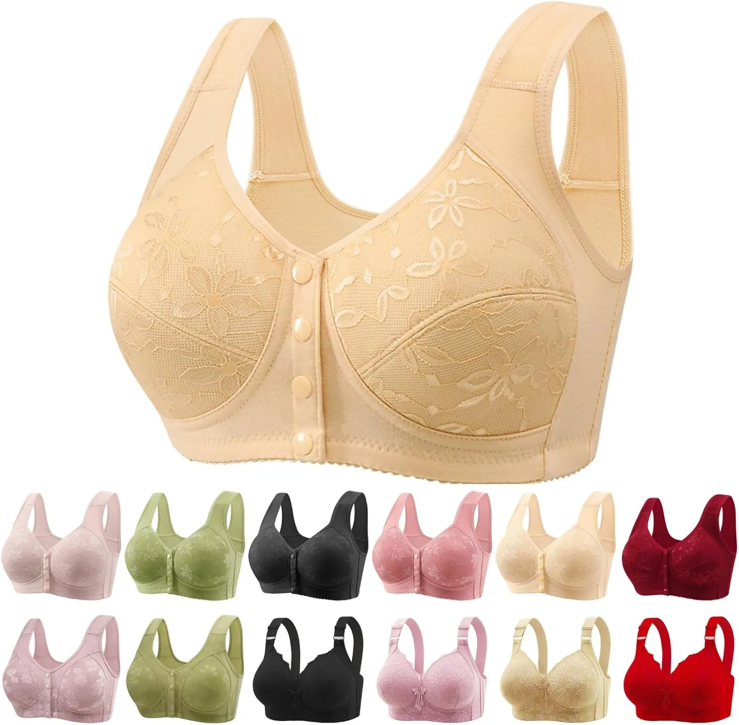 Daisy Bras for Older Women Front Closure Bras for Women Plus Size Push Up Cotton Bra No Underwire for Seniors Beige Sports Bra Pack for Womens 4X-Large