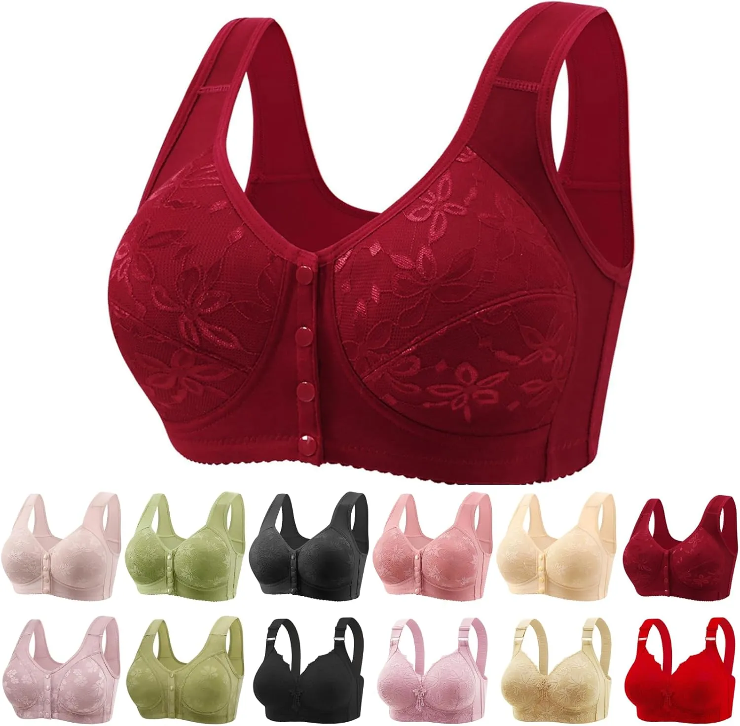 Daisy Bras for Older Women Front Closure Bras for Women Plus Size Push Up Cotton Bra No Underwire for Seniors Wine Short Sleeve Button Up Womens Xx-Large